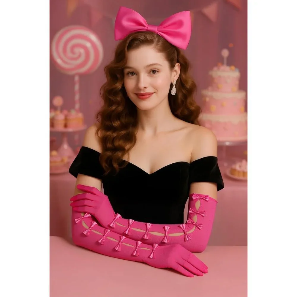 Women's Princess Rose Pink Long Sleeves Gloves Bow Lace Mesh Tulle Party Prom